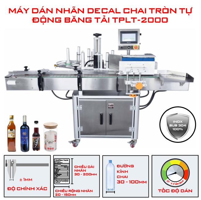 Máy dán nhãn decal chai tròn tự động băng tải TPLT-2000