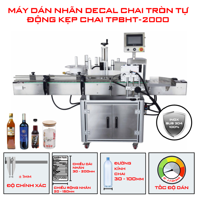 Máy dán nhãn decal chai tròn tự động kẹp chai TPBHT-2000